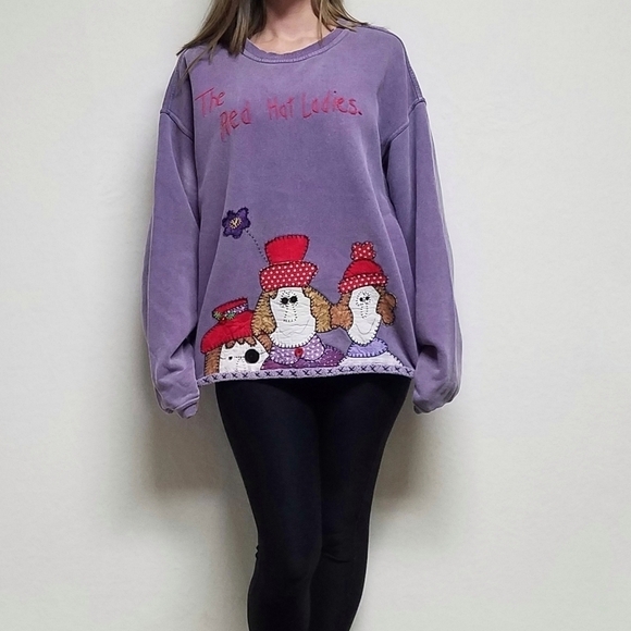 VINTAGE The Red Hat Ladies OOAK Handmade Stone Wash Purple Embroidery Sweatshirt - Picture 2 of 12